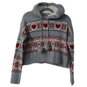Ruby Moon Hooded Sweater Size Medium Gray White Red Hearts Pom Poms Crop